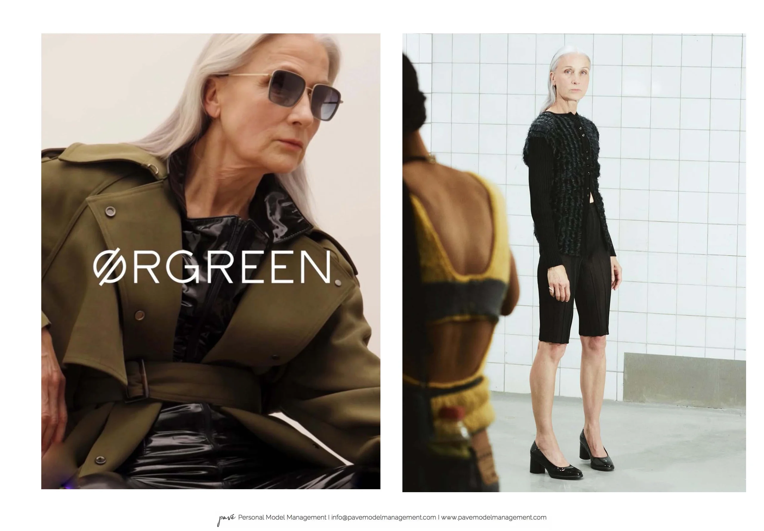A split image of two women in fashion poses, with one in sunglasses and a trench coat edited with "ØRGREEN." text.