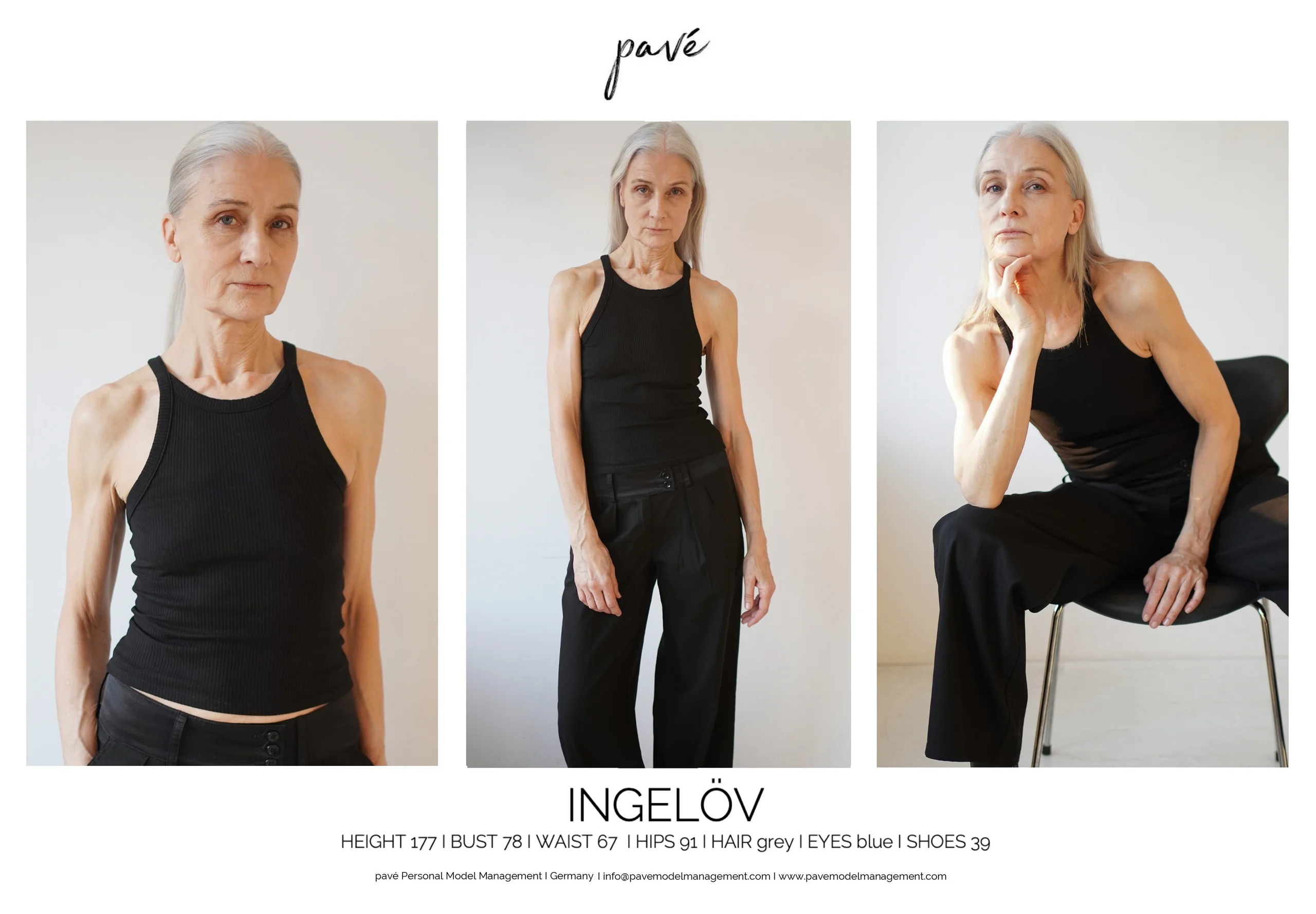 Compilation of three full-body shots showcasing an older woman with gray hair wearing a black tank top and black pants.